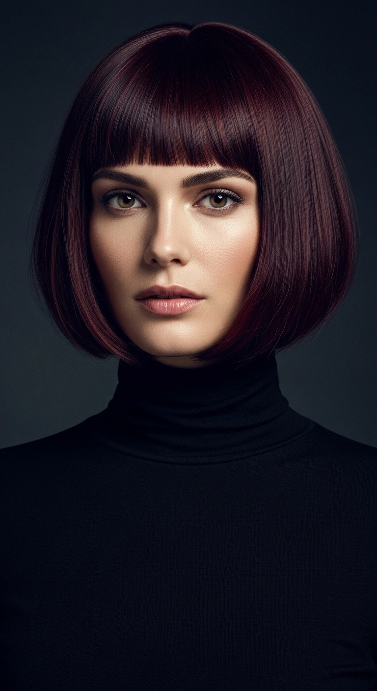 Deep Burgundy Sleek French Bob with Blunt Bangs