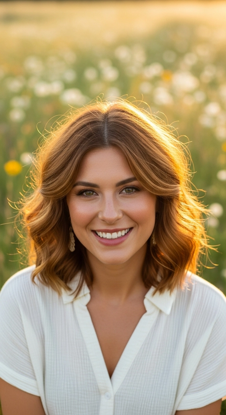 Sun-Kissed Caramel Wavy Lob with Curtain Bangs
