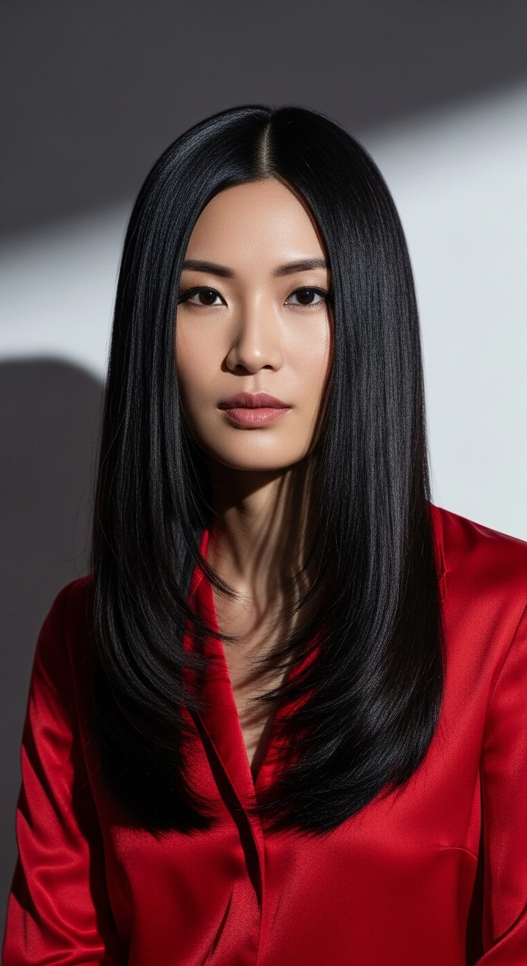 Glossy Jet-Black Silk Press with Inward Face-Framing Layers