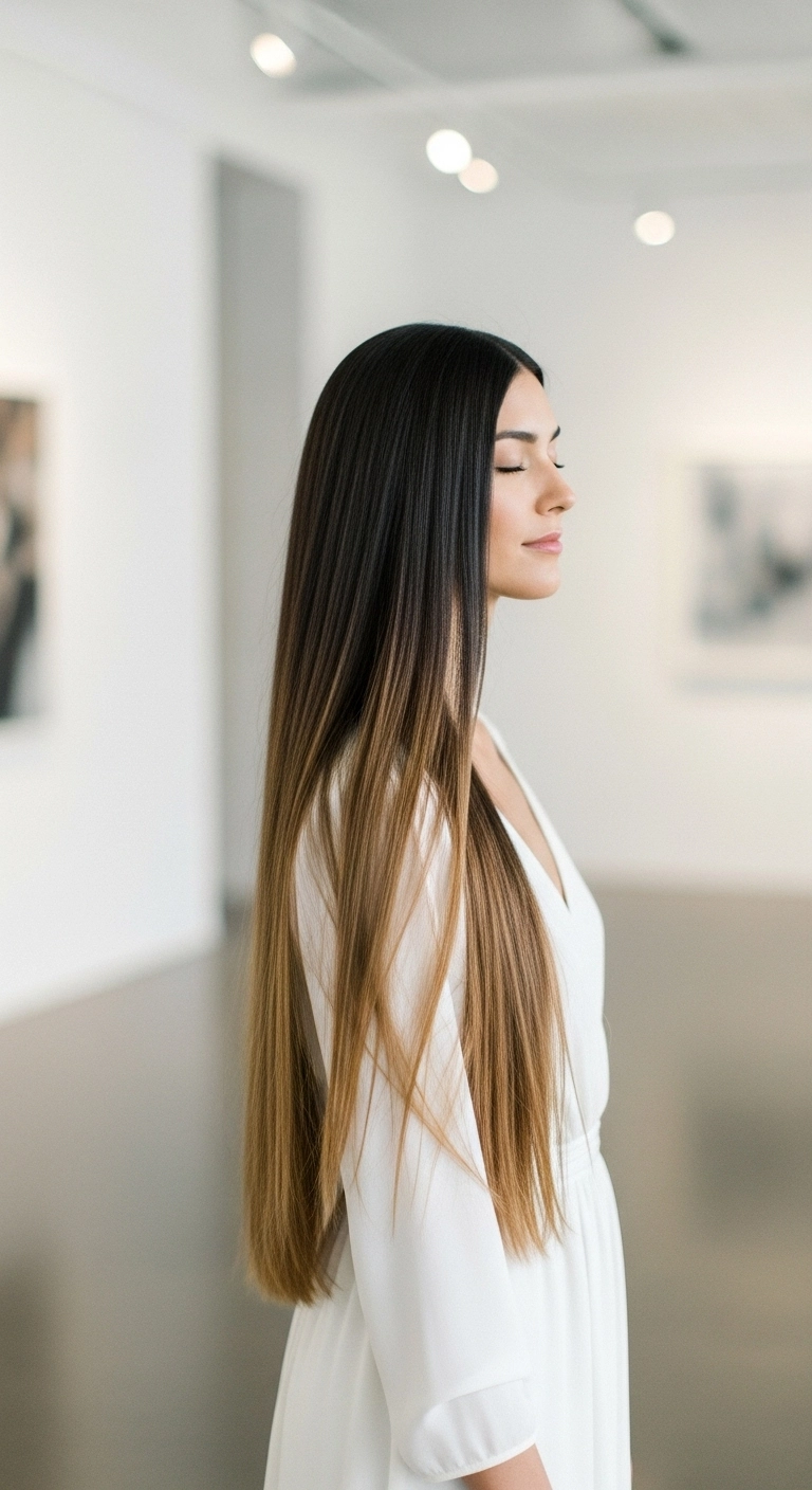 Extra Long Glassy Brunette to Honey Ombre Straight Hair