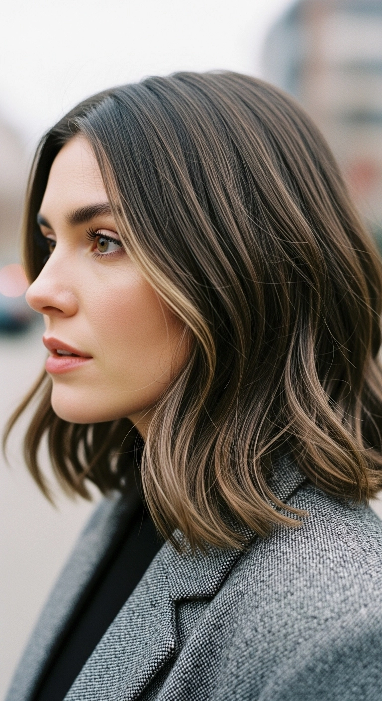 Chic Ash Brown Wavy Lob with Subtle Balayage