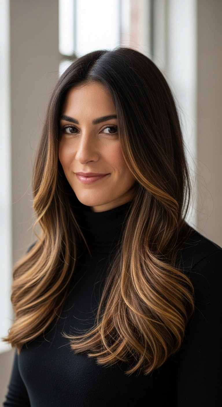 Luxe Caramel Balayage Blowout on Long Dark Brunette Hair