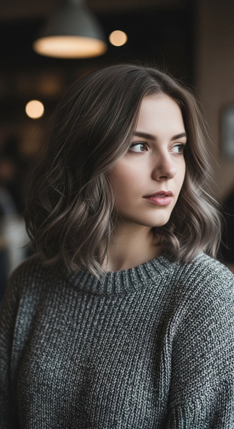 Muted Ash Brown Textured Lob with Soft Face-Framing Waves