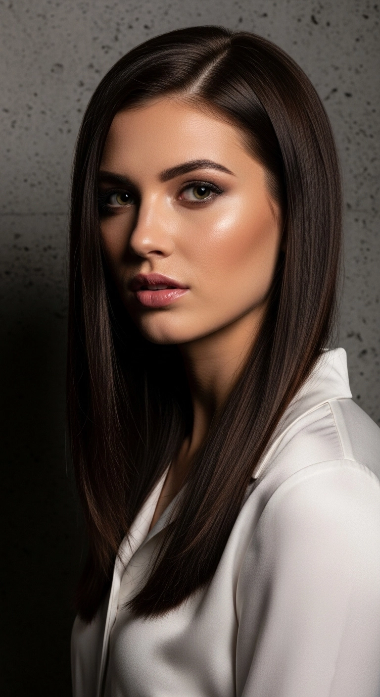 Sleek Dark Brunette Glass Hair Blowout