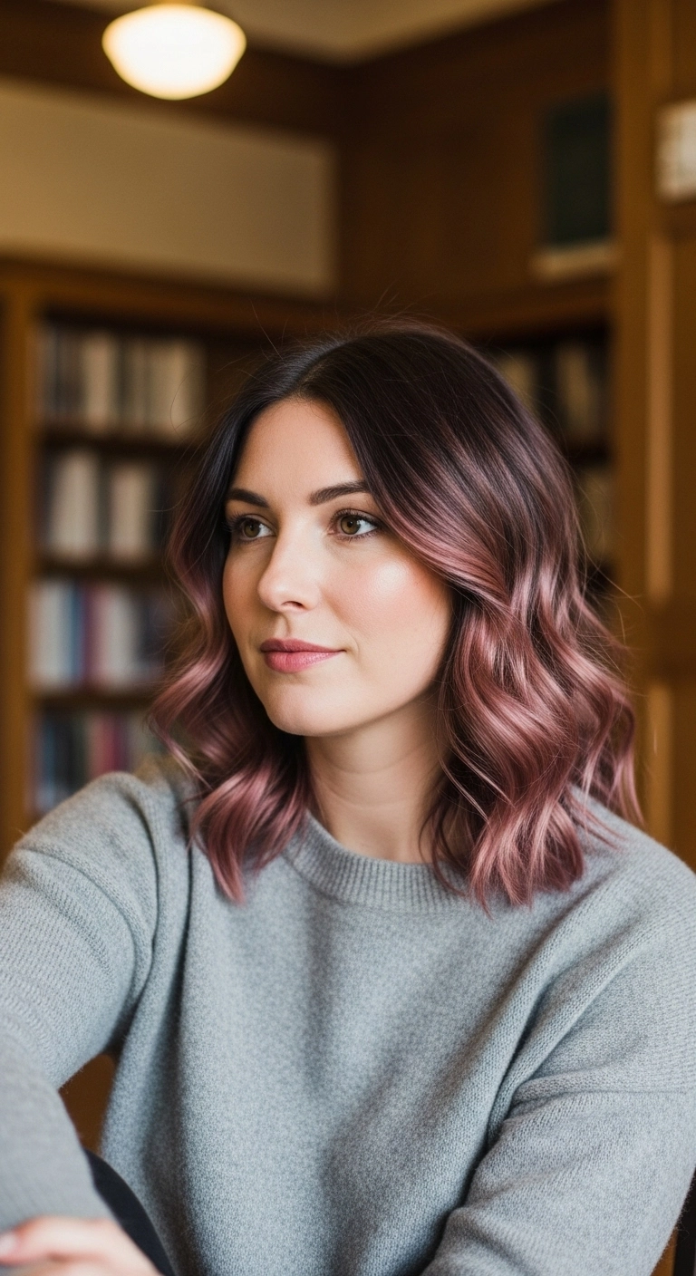 Dusty Rose Gold Balayage Wavy Lob