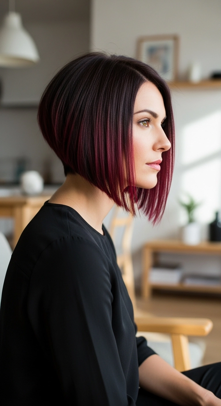 Sleek Inverted Bob with Wine Burgundy Balayage