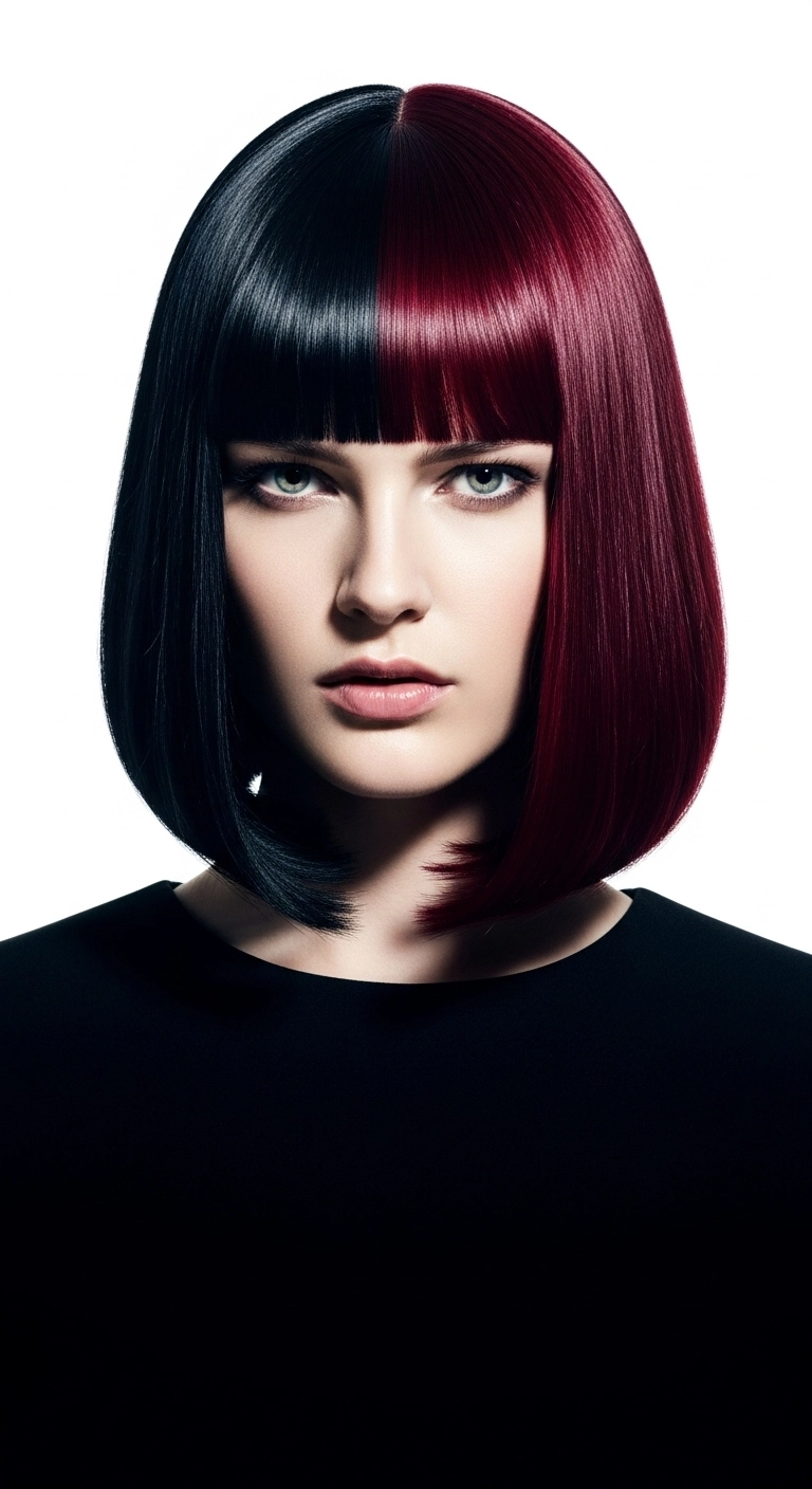 Precision Split-Dye Black and Burgundy Blunt Bob with Bangs