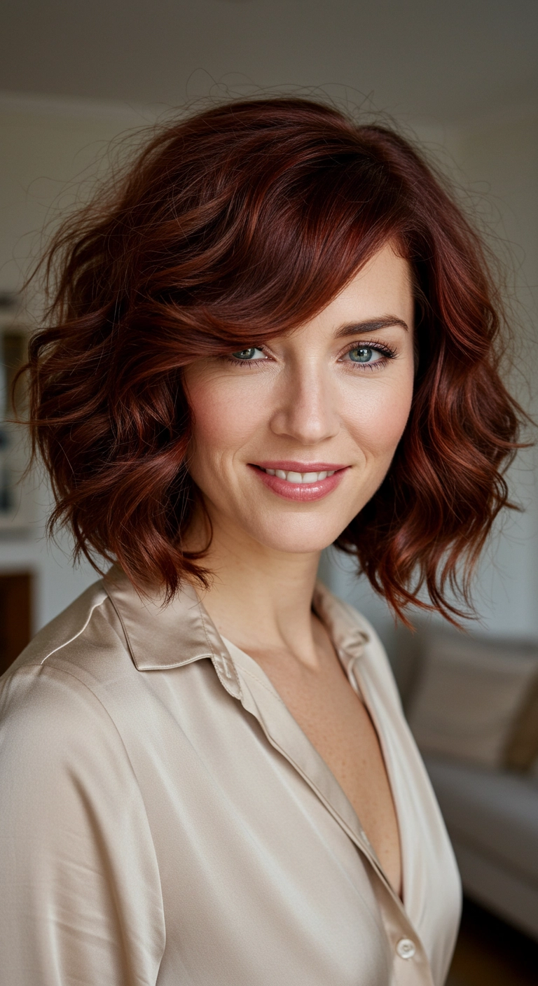 Voluminous Auburn Wavy Lob with Side-Swept Bangs