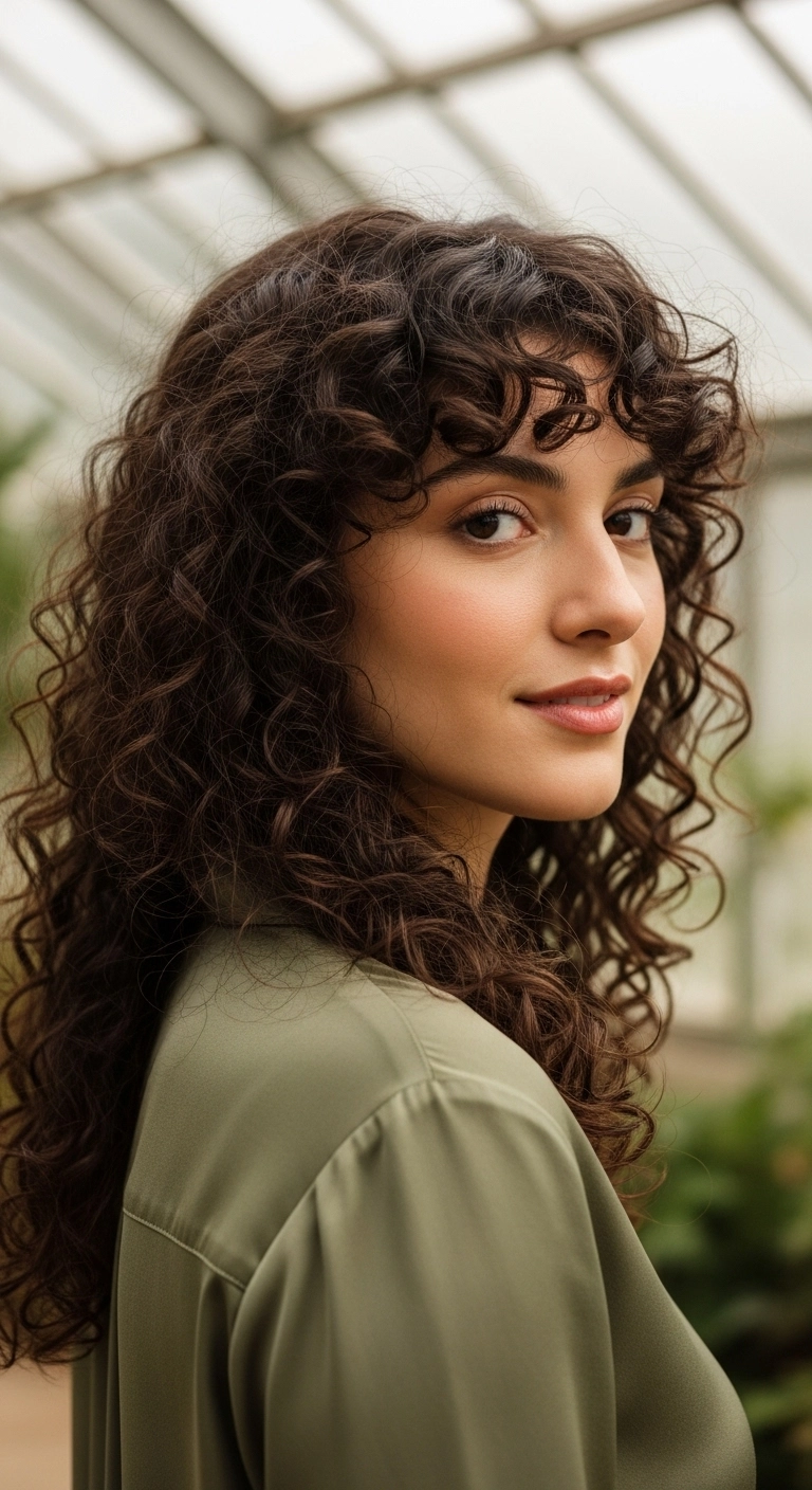 Layered Long Curls with Soft Spiraled Bangs