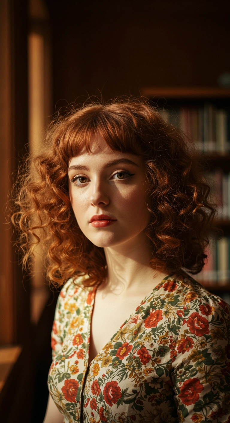 Voluminous Copper Curly Shag with Wispy Bangs