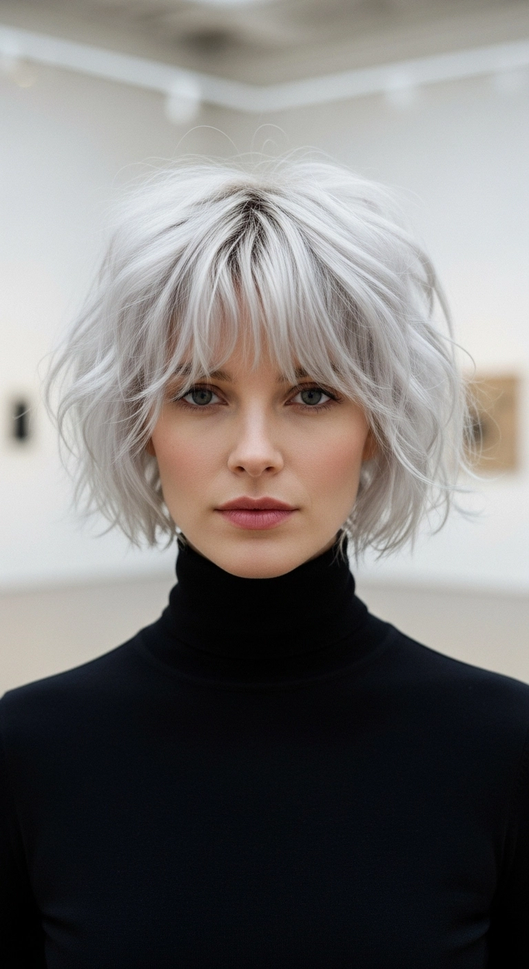Icy Platinum Textured French Bob with Wispy Bangs