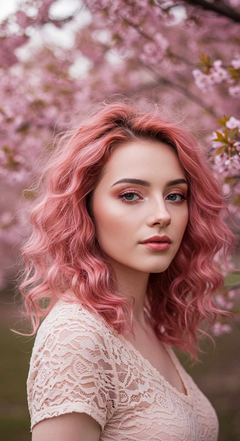 Soft Pastel Pink Wavy Lob with Effortless Texture