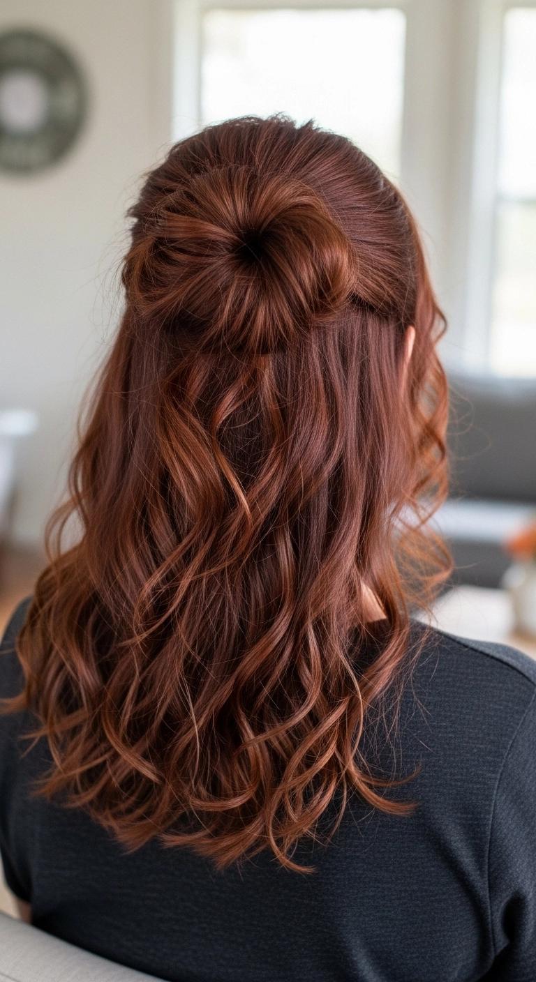 Romantic Auburn Half-Up Bun with Cascading Waves