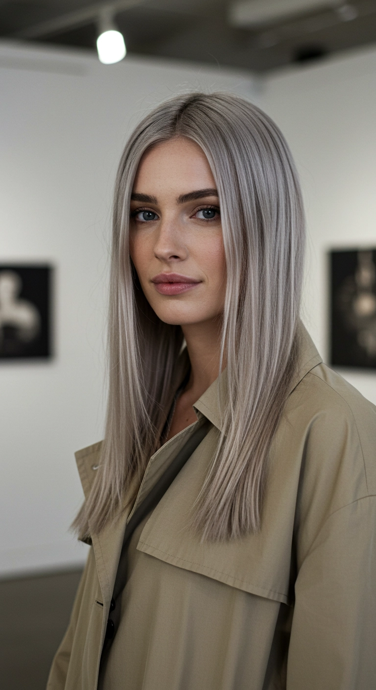 Sleek Icy Silver Straight Cut with Center Part