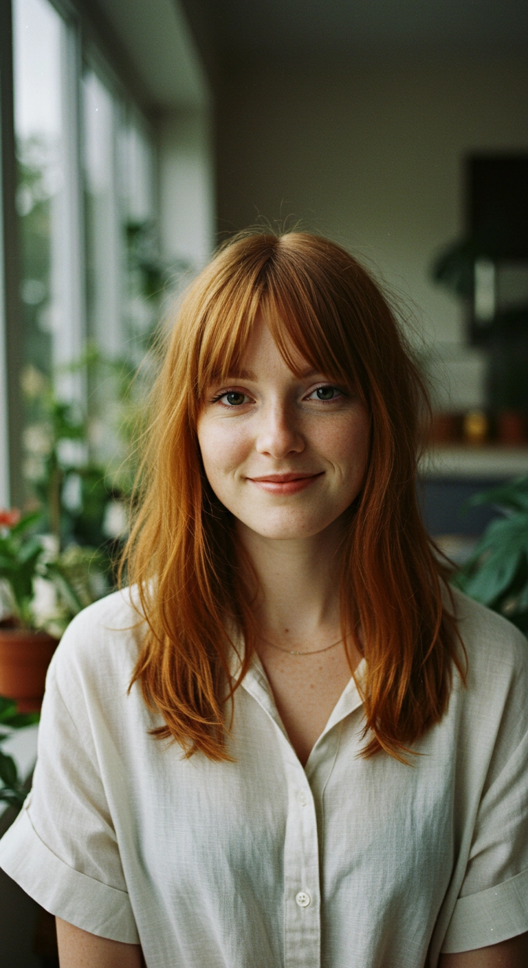 Effortless Warm Copper Cut with Wispy Bangs