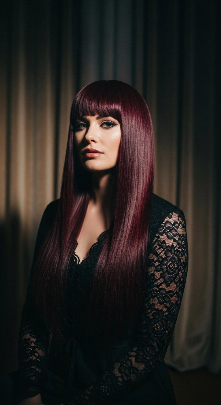 Sleek Deep Burgundy Glass Hair with Full Blunt Bangs