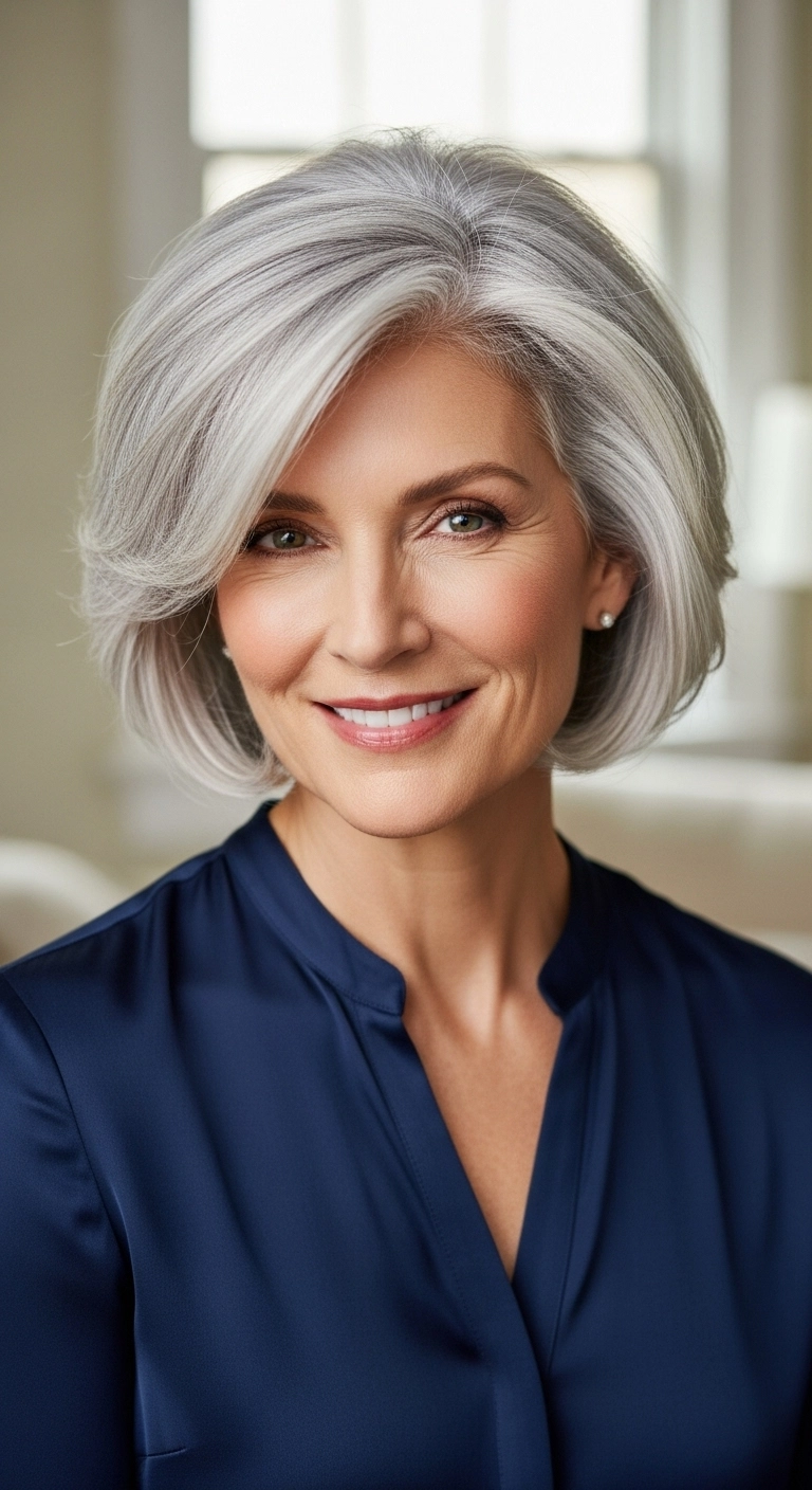 Luminous Silver Side-Swept Layered Bob