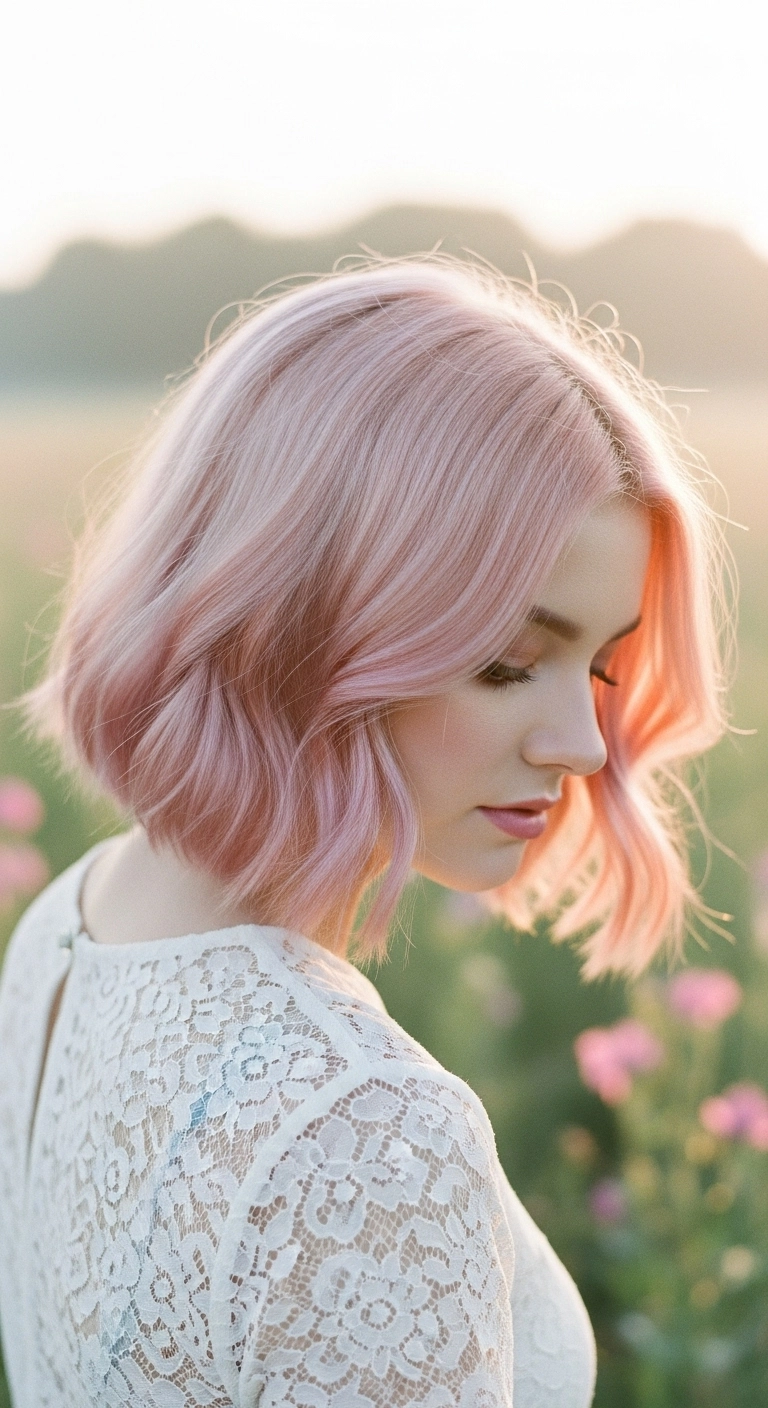 Wavy Pastel Pink Blunt Bob