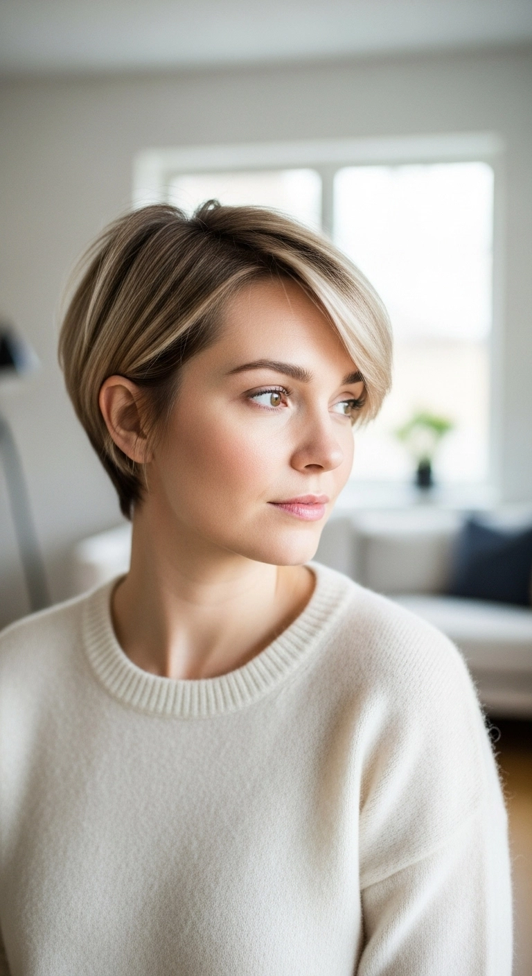 Chic Ash Blonde Long Pixie with Side-Swept Bangs
