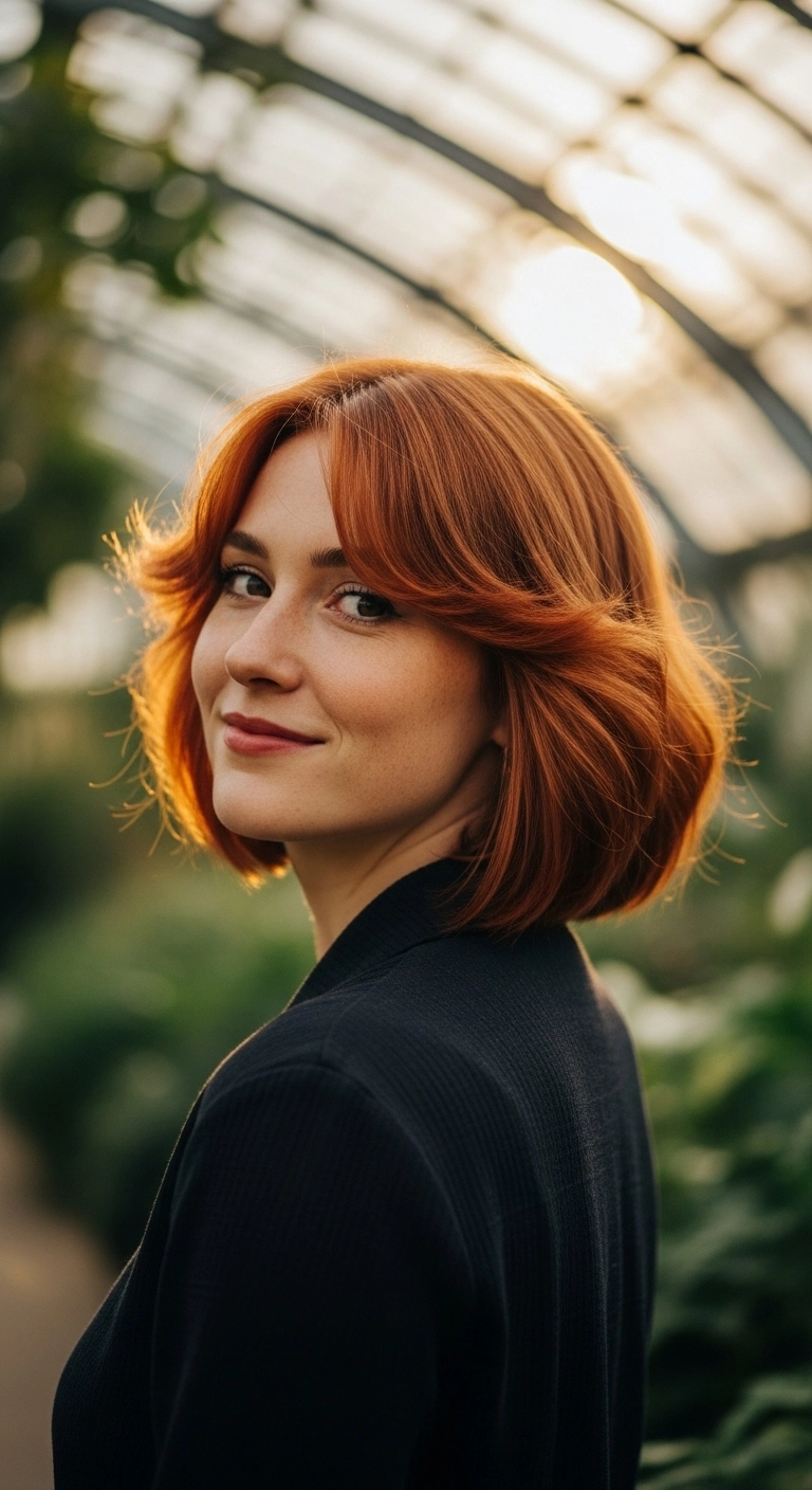 Voluminous Copper Bob with 70s Feathered Curtain Bangs