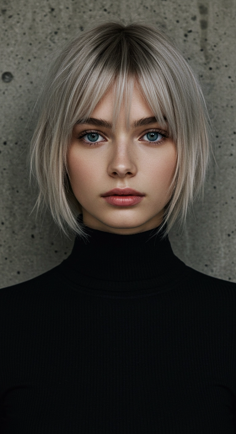 Icy Ash Platinum Textured Bob with Wispy Bangs