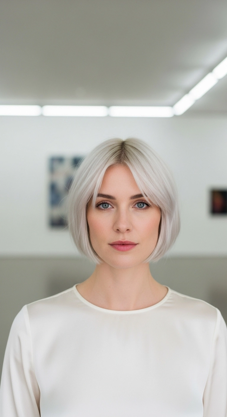 Icy Platinum Jawline Bob with Curtain Bangs