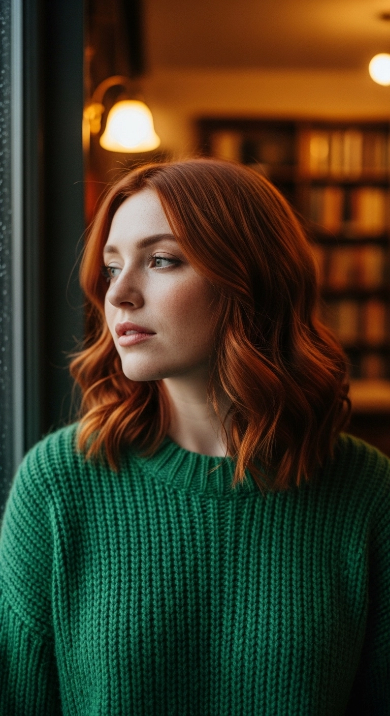 Warm Copper Wavy Lob with Face-Framing Dimension