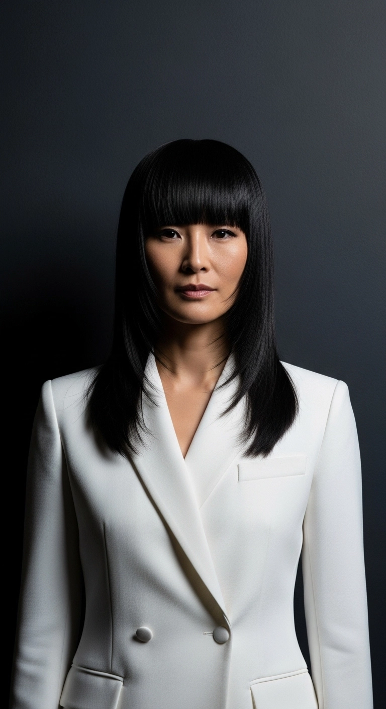 Ultra-Sleek Jet Black Lob with Heavy Blunt Bangs