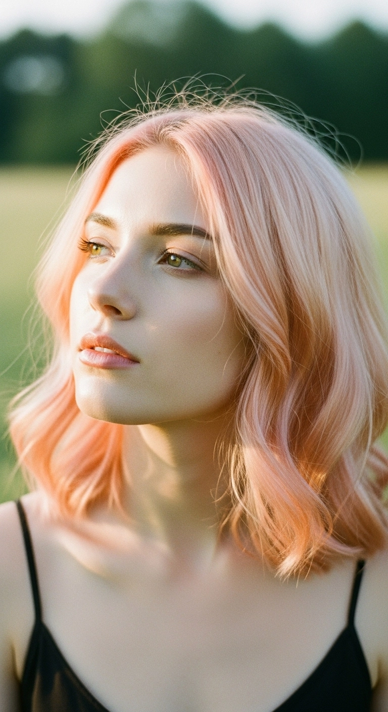 Pastel Peach-Pink Wavy Lob Cut