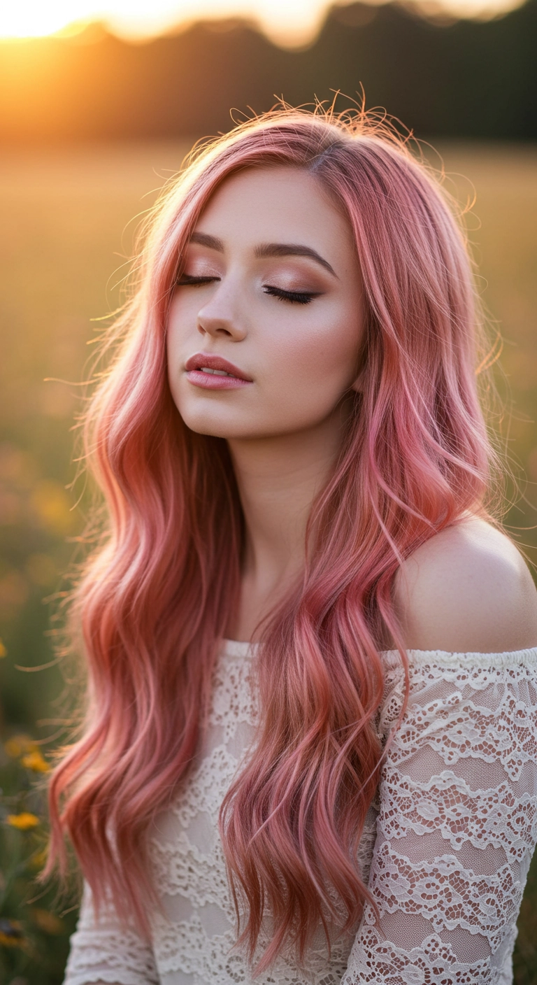 Soft Rose Gold Pastel Waves with Romantic Face-Framing Layers