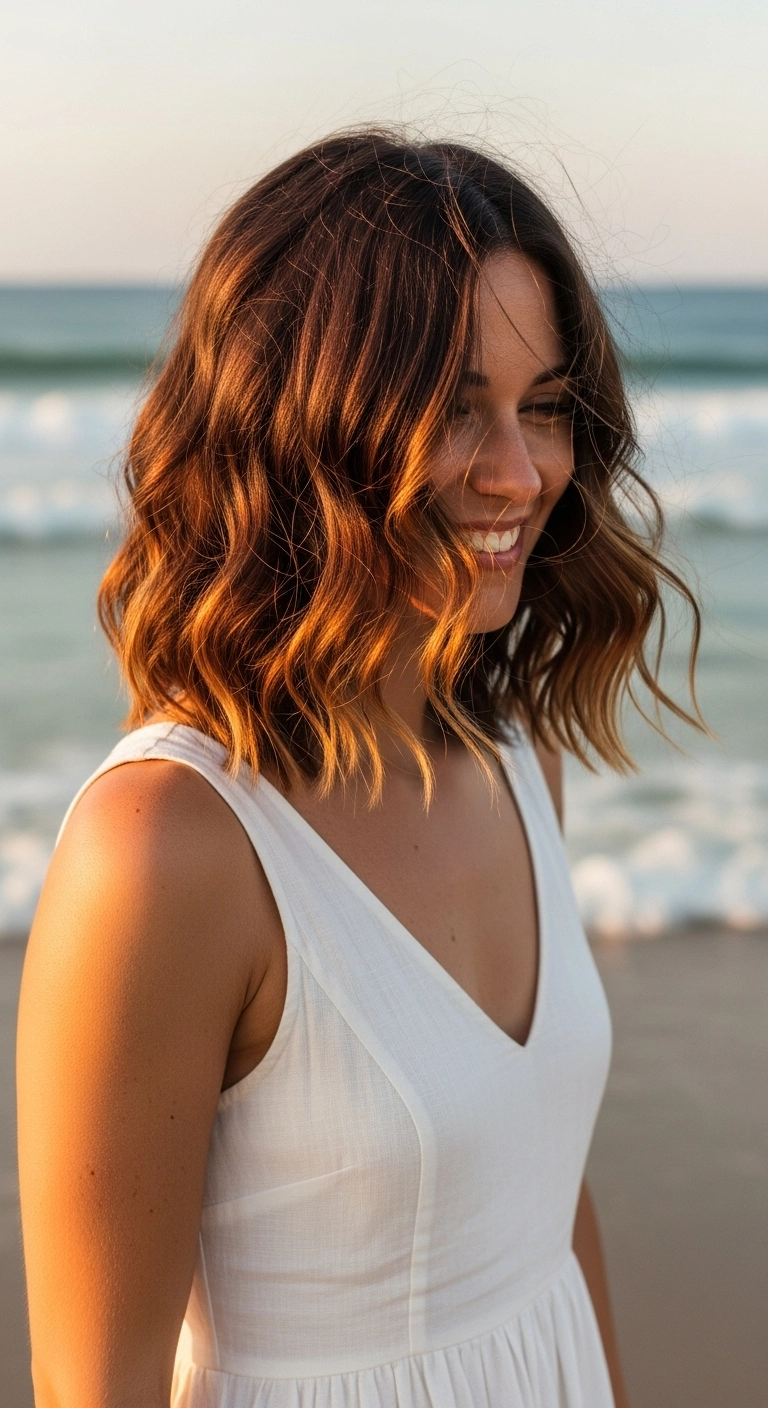 Sun-Kissed Caramel Balayage Wavy Lob