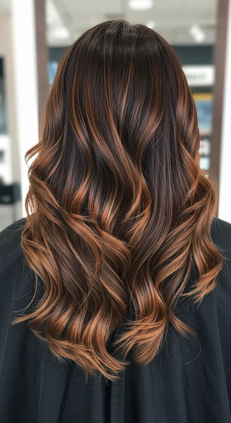 Warm Caramel Balayage on Long Layered Dark Brown Hair