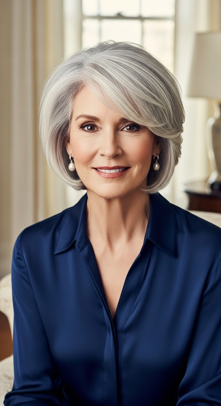 Voluminous Silver Bob with Side-Swept Bangs