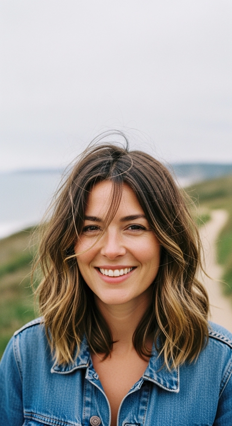 Sun-Kissed Honey Balayage Textured Lob with Curtain Bangs
