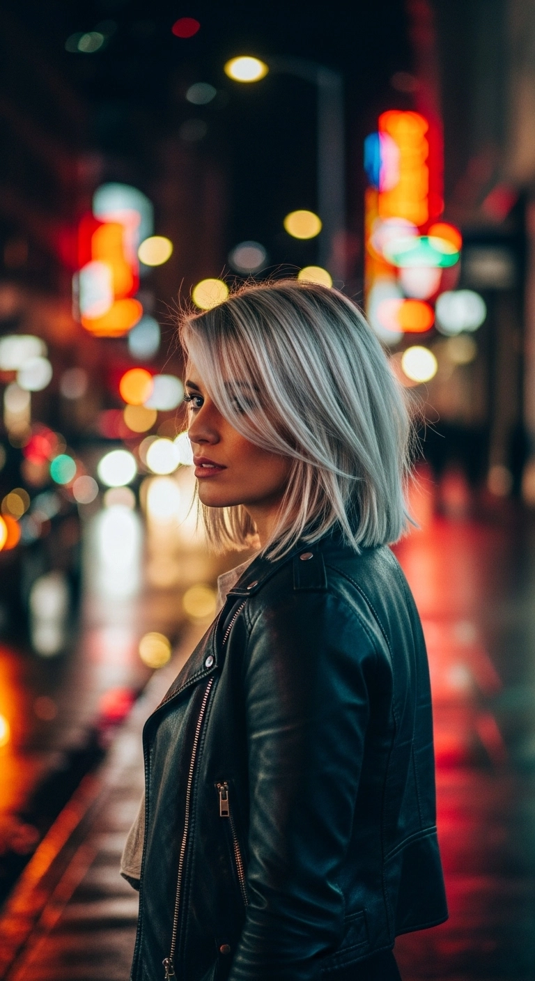 Icy Platinum Lob with Side-Swept Bangs