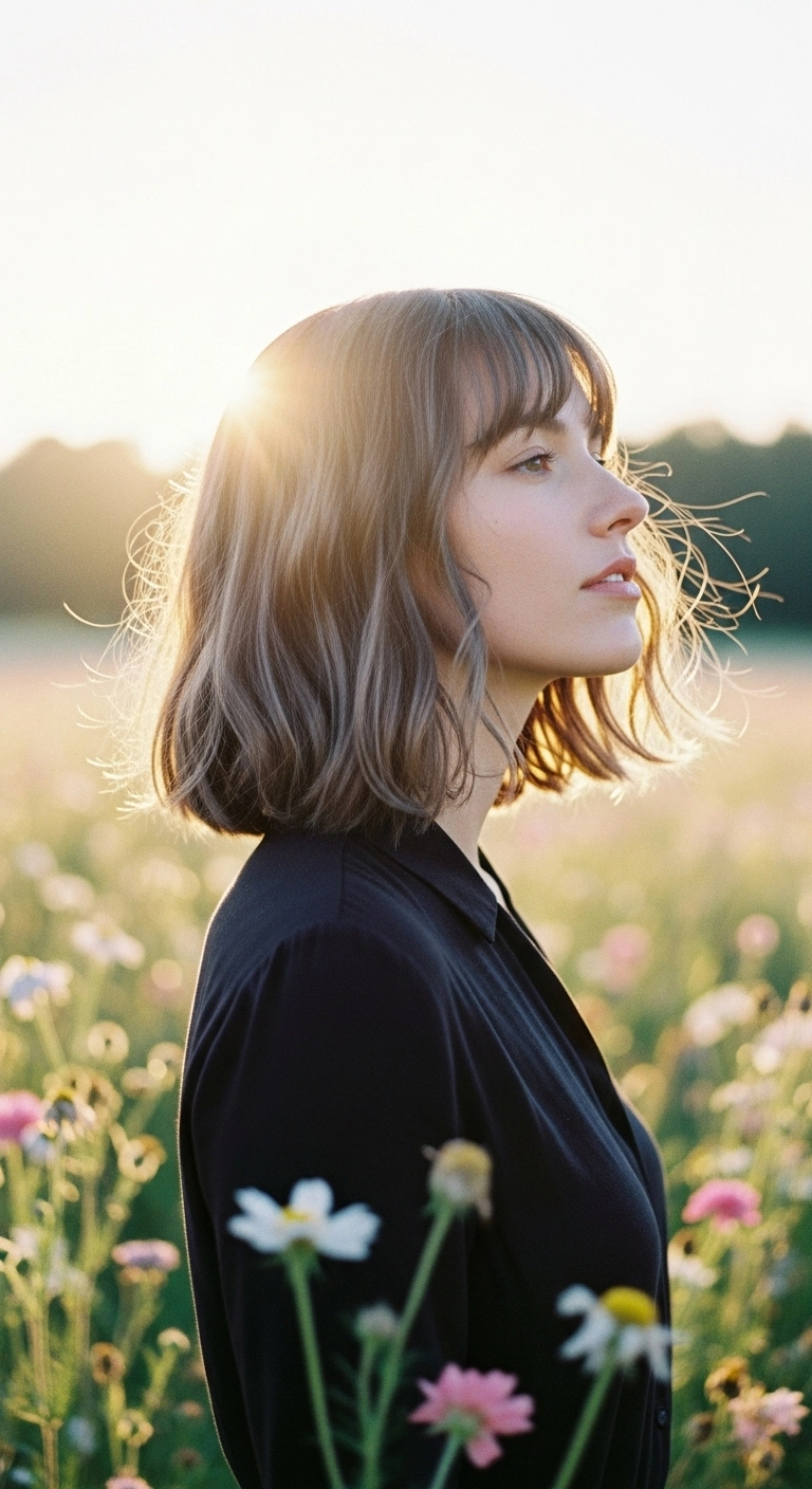 Effortless Ash Brown Lob with Wispy French Bangs