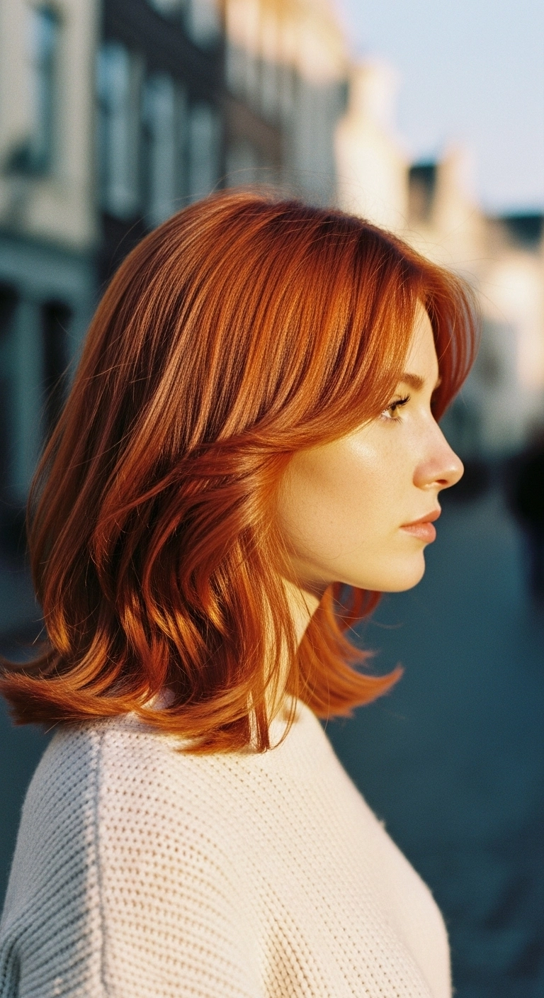 Voluminous Copper Lob with Sweeping Curtain Bangs and Flipped Ends