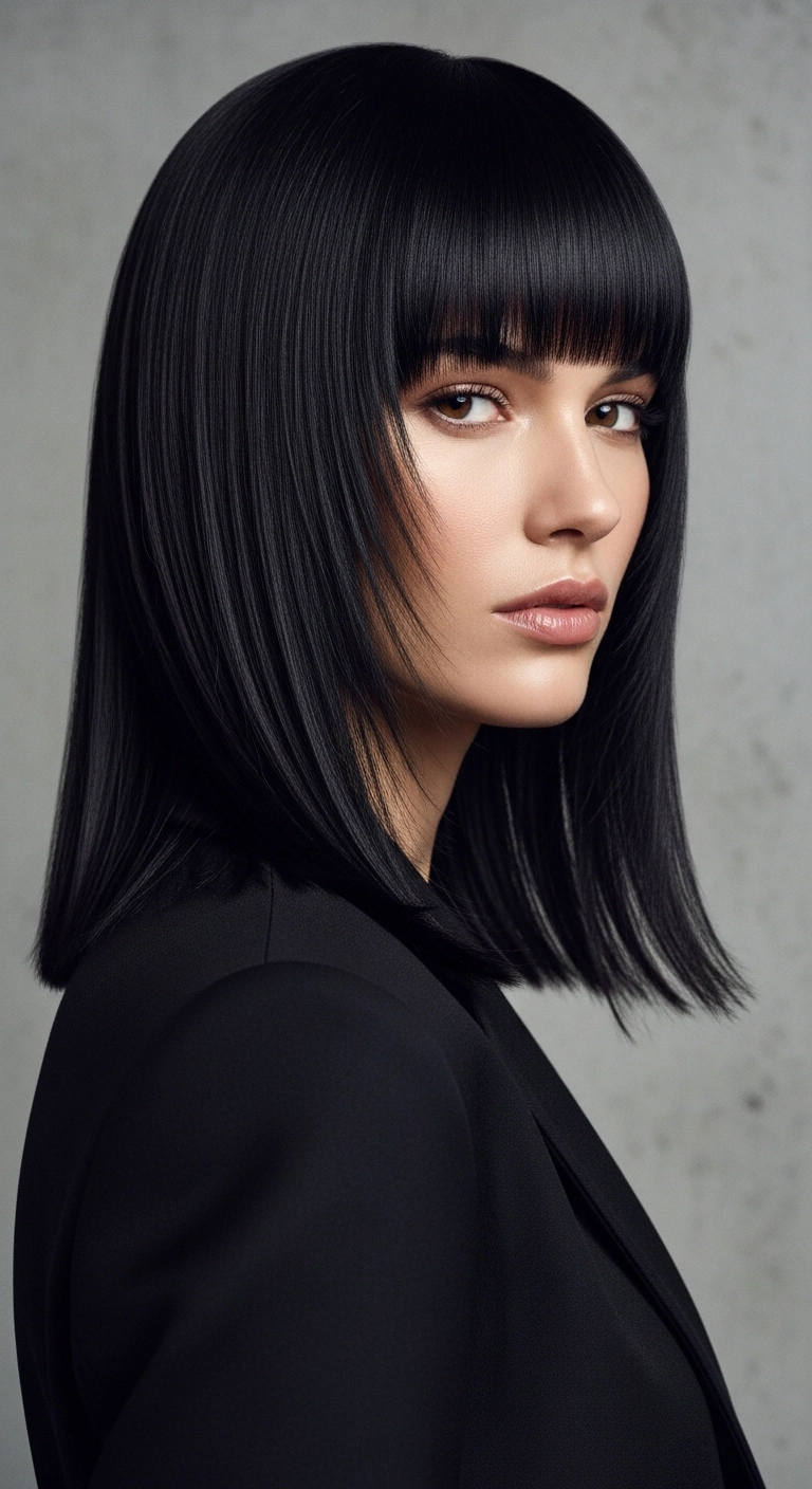 Jet Black Sleek Glass Lob with Blunt Bangs