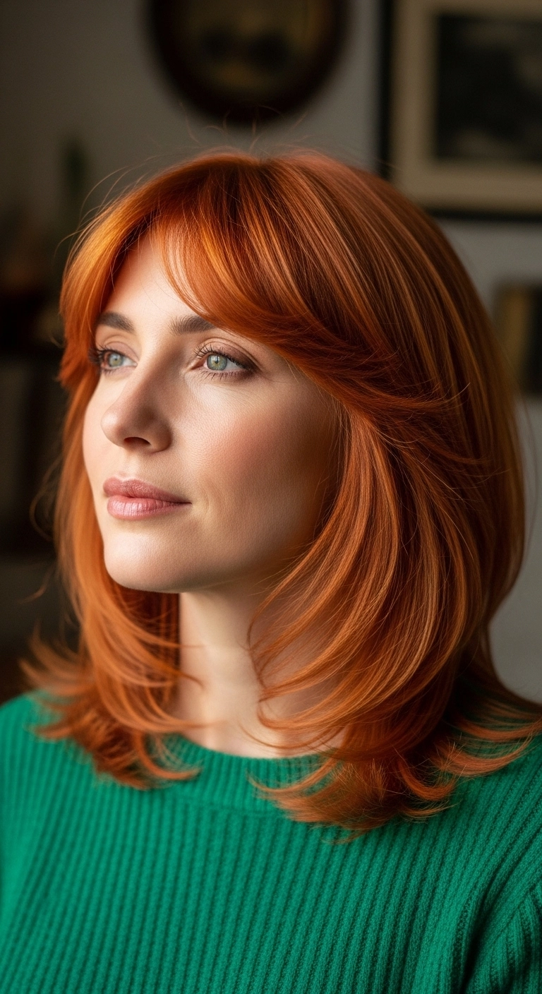 Voluminous Copper Lob with Feathered Curtain Bangs