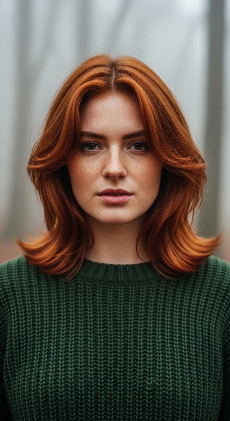 Copper Flipped-End Lob with Curtain Bangs