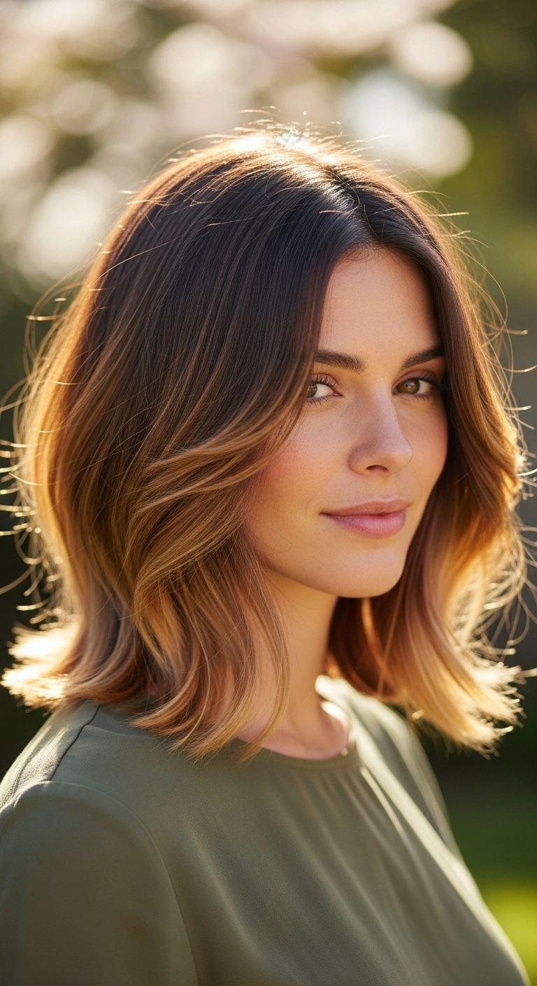 Sun-Kissed Caramel Balayage Lob with Sweeping Curtain Layers