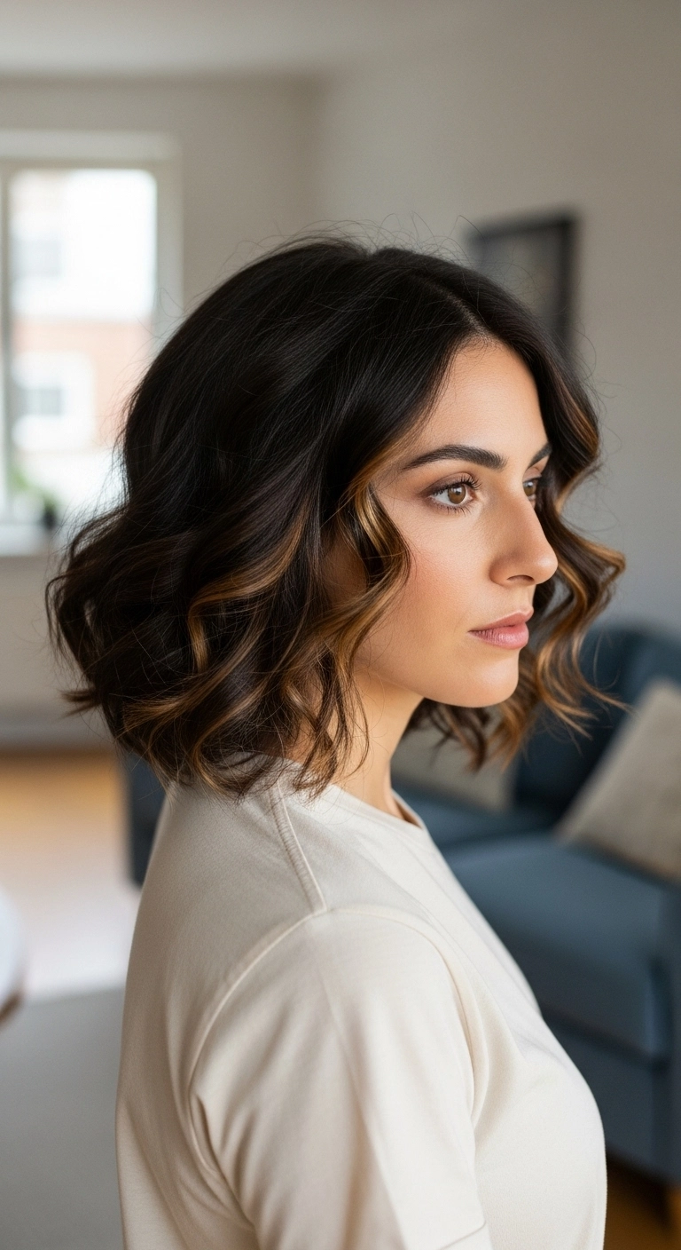 Wavy Brunette Lob with Warm Caramel Face-Framing Ribbons