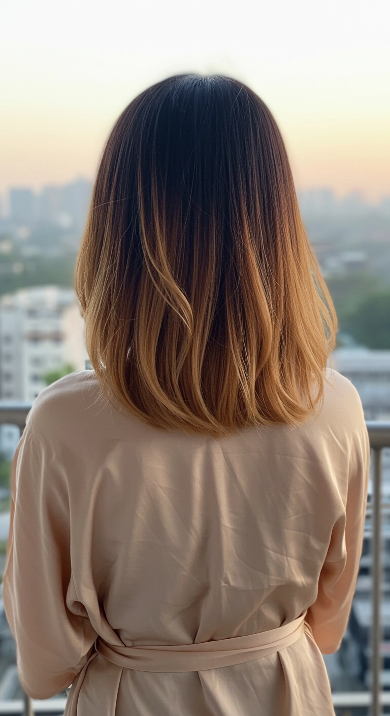 Honey Caramel Balayage Lob with Soft Inward Blowout