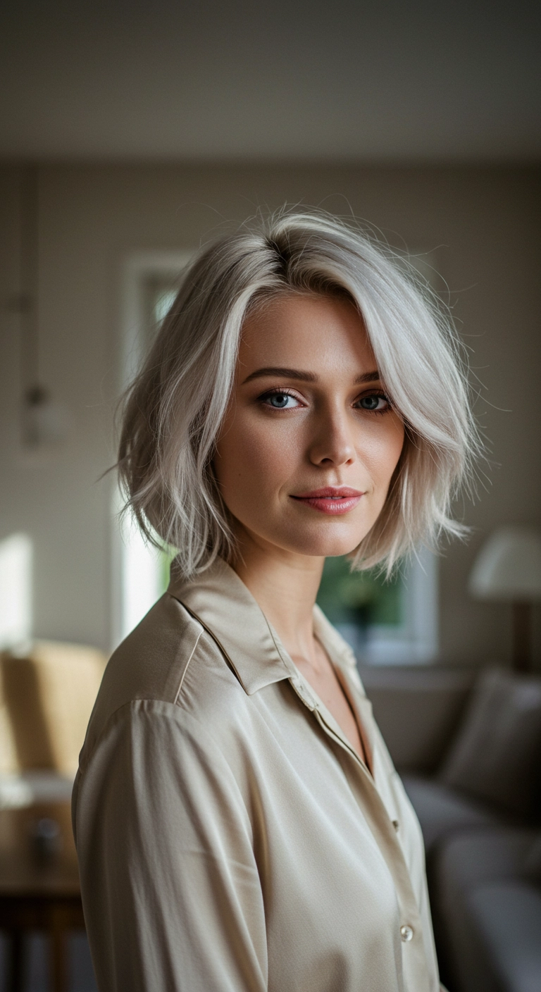 Icy Platinum Textured Chin-Length Bob