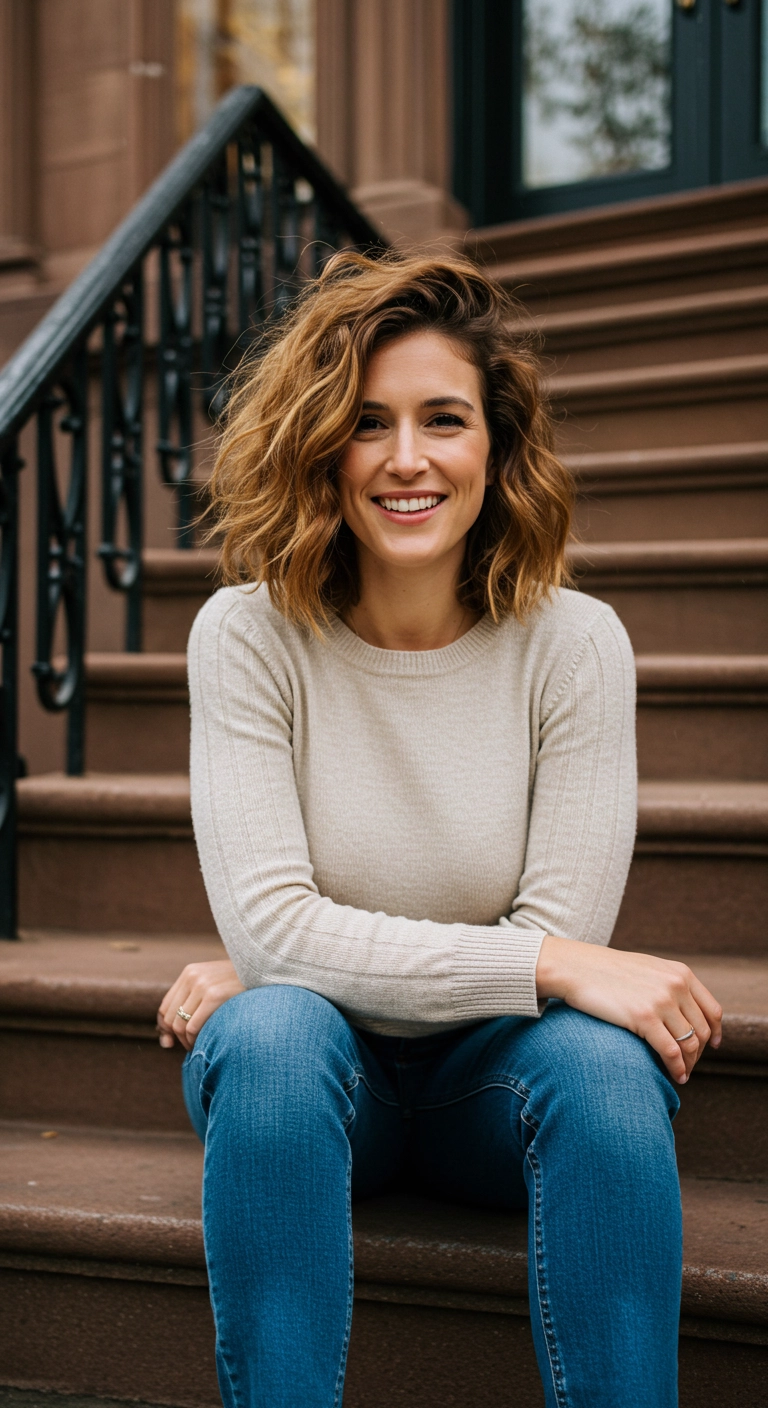 Tousled Caramel Balayage Lob with Effortless Waves