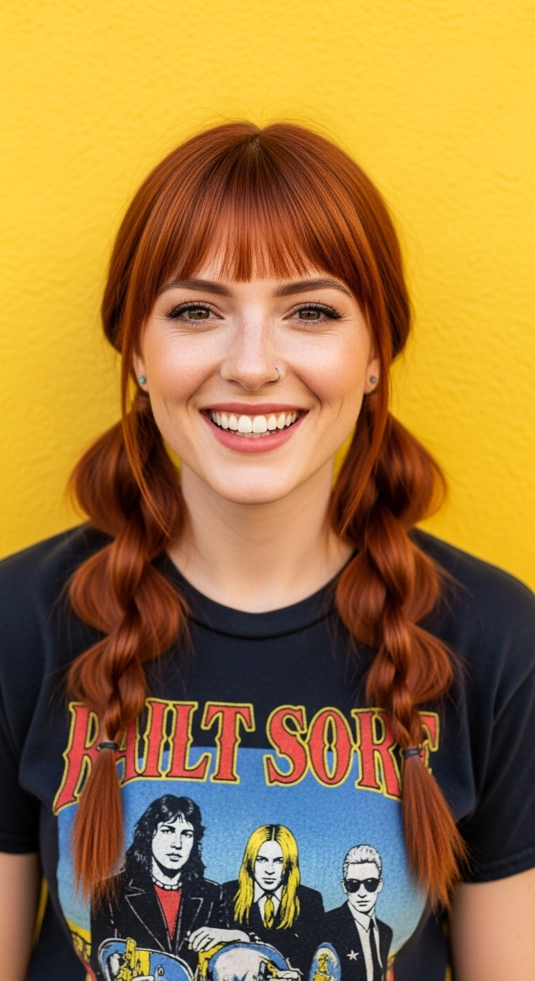 Copper Ginger Twin Pigtail Braids with Wispy Bangs