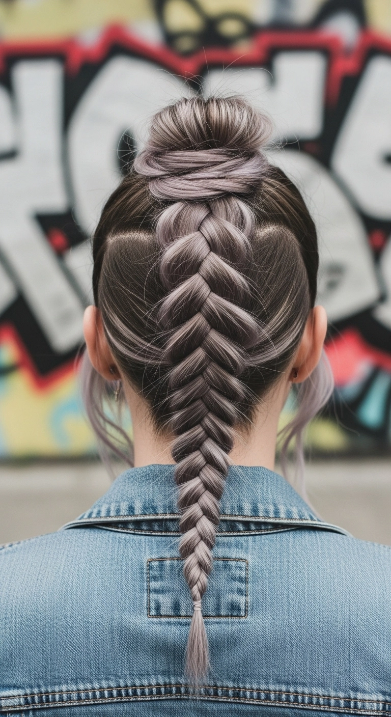 Smoky Ash Half-Up Top Knot with Central Fishtail Braid