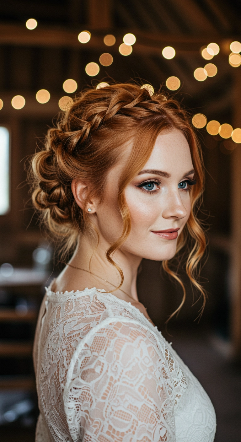 Romantic Copper Crown Braid Updo with Soft Face-Framing Tendrils
