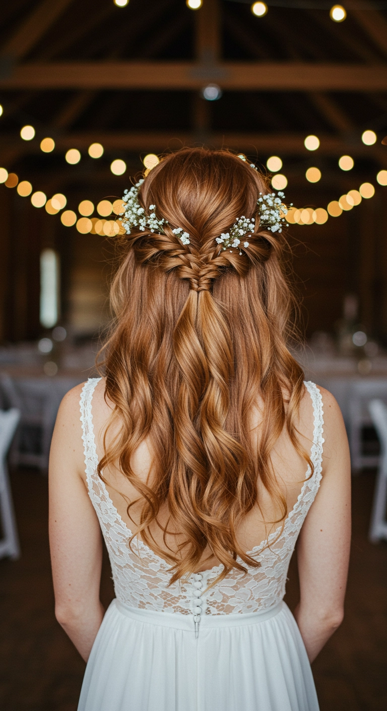 Boho Half-Up Fishtail Bridal Waves with Baby's Breath