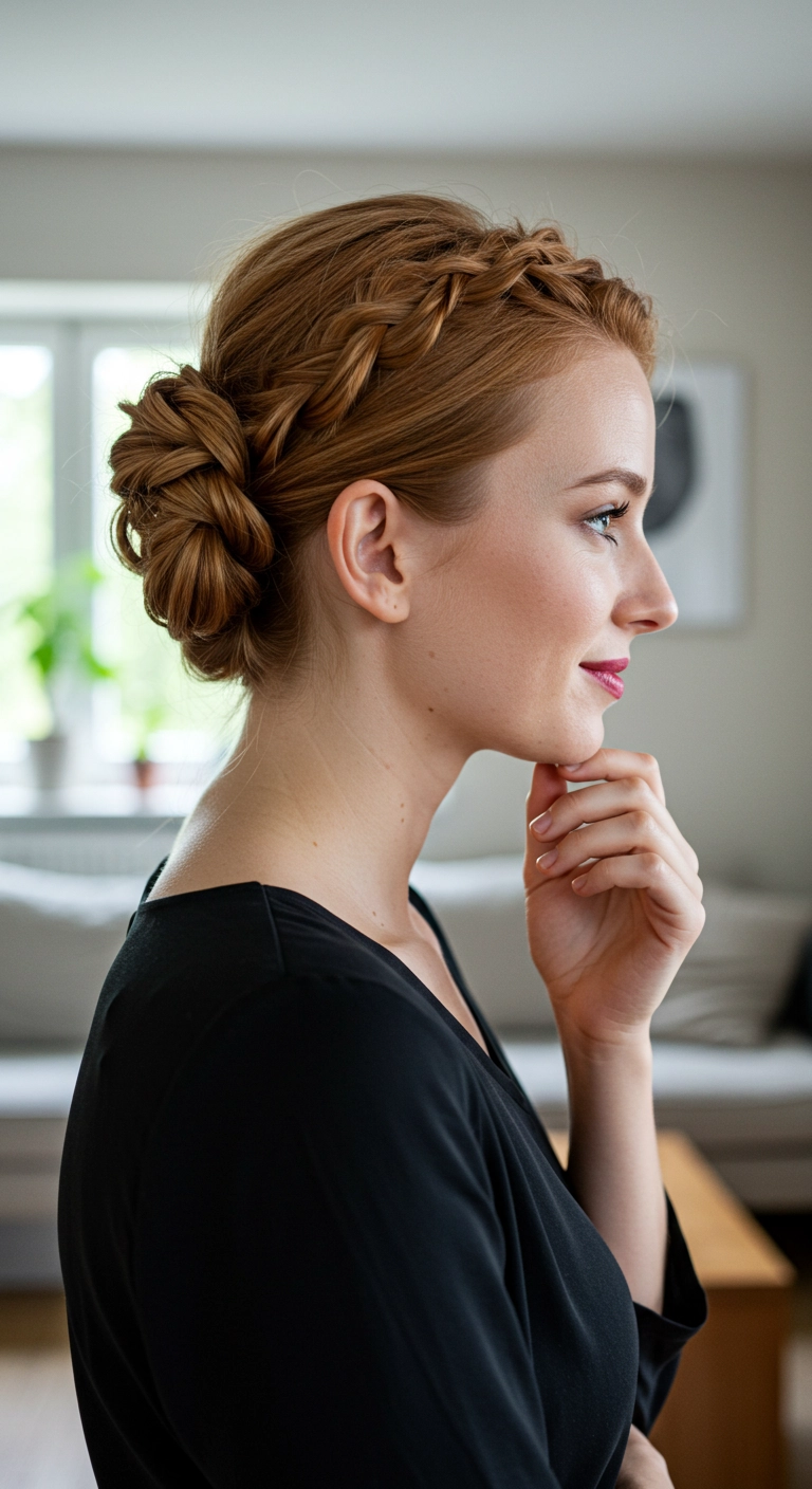 Romantic Braided Crown Updo for Warm Copper Hair